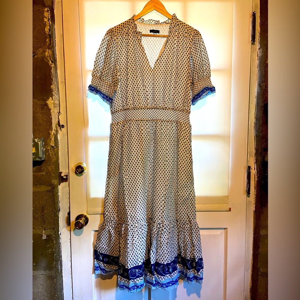 J. Crew White Midi Dress with Blue Border and Trim